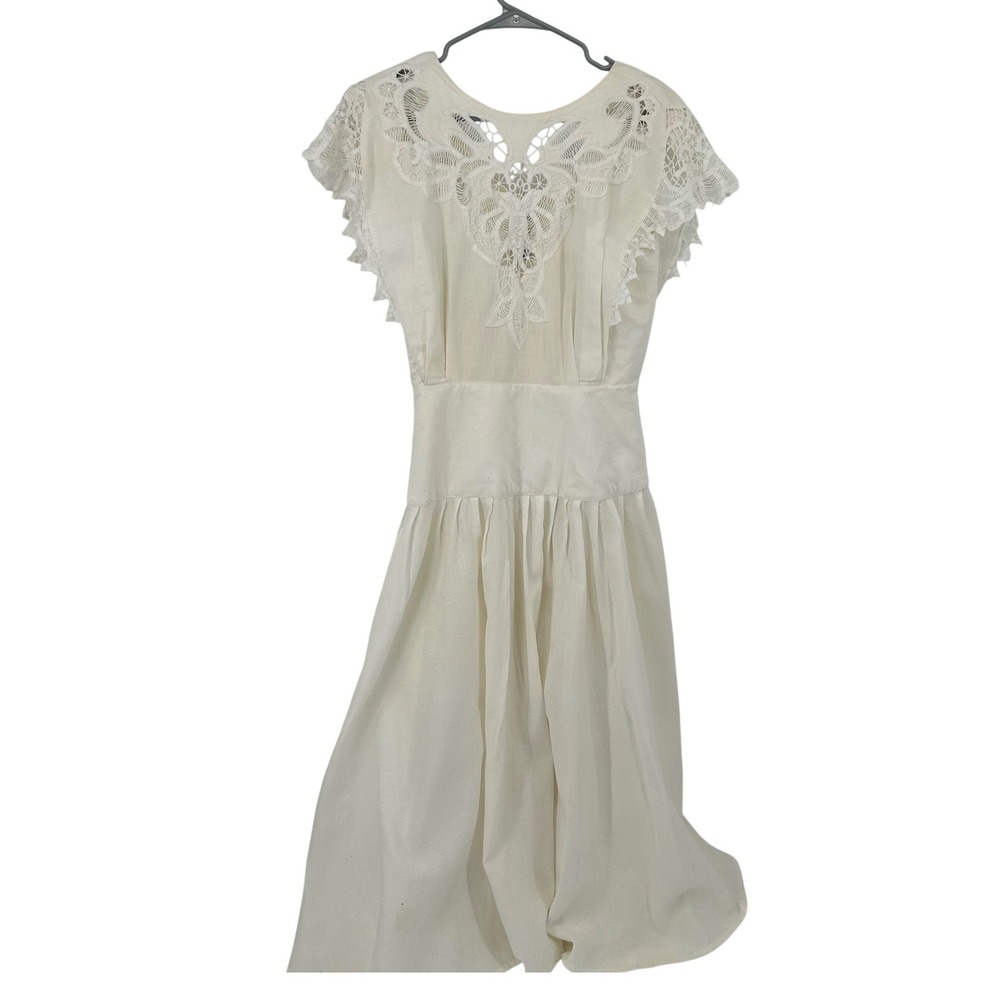Nancy Johnson Vintage Ivory Lace Cutout Ramie Cotton Midi Dress Womens 10